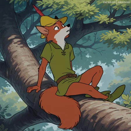 masterpiece, best quality, amazing quality, RobinhoodRHIL, semi-anthro, male, fox, orange fur, green tunic, yellow hat, green shoes, brown belt, sitting, in a tree, black eyes