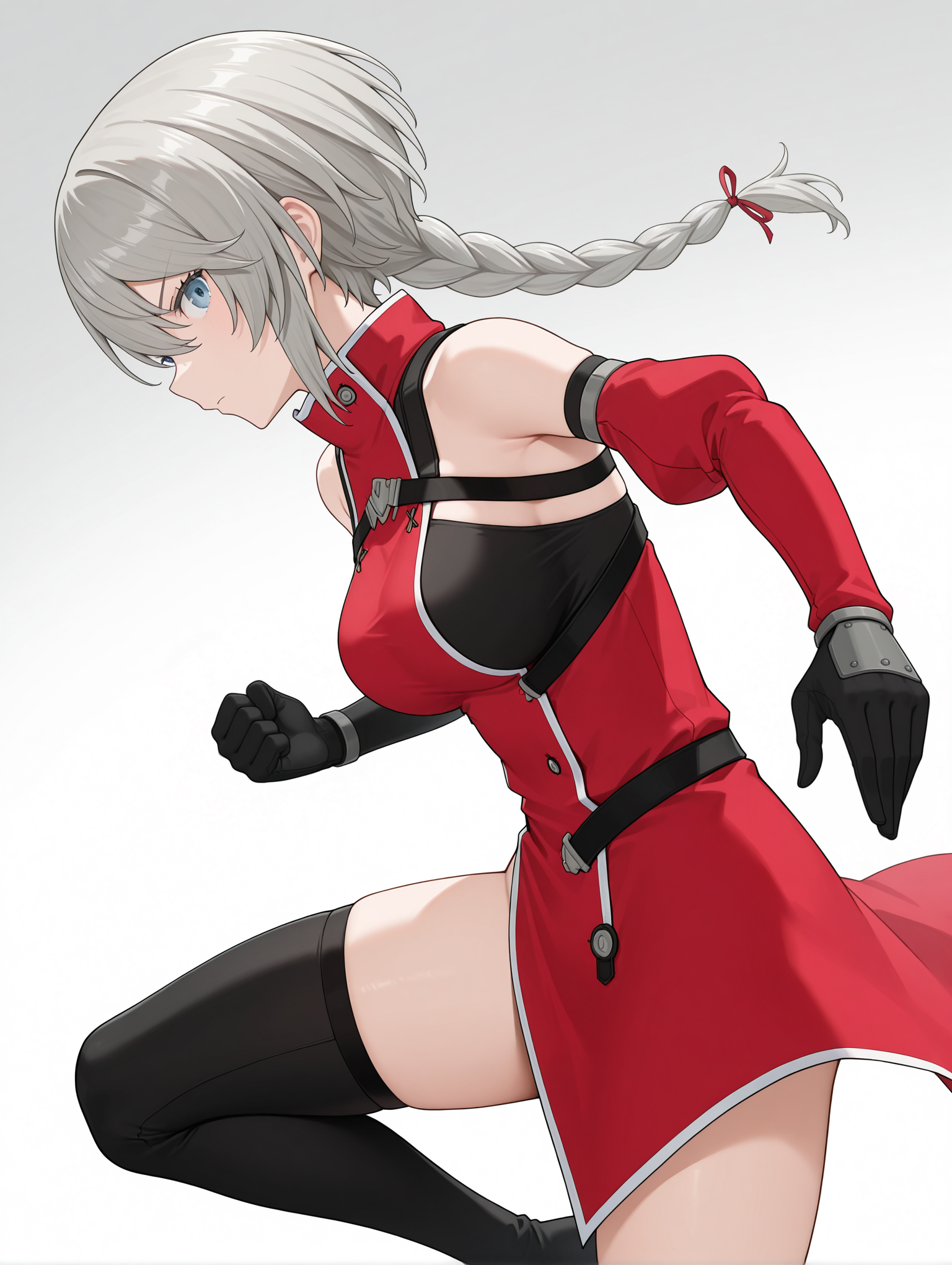 masterpiece,best quality,newest,
1girl,solo,
<lora:ADELAIDE_BLUTHAUSEN_ilxl_v1.0:1>,a_bluthausen,grey hair,blue eyes,braided ponytail,
s_garte,bare shoulders,detached sleeves,asymmetrical sleeves,asymmetrical clothes,single pantsleg,black thighhighs,black thigh boots,
<lora:Fixhands_anime_bdsqlsz_V1:1>,standing,open_stance,fighting_stance,fighting,white_background,simple_background,looking_at_viewer,profile,