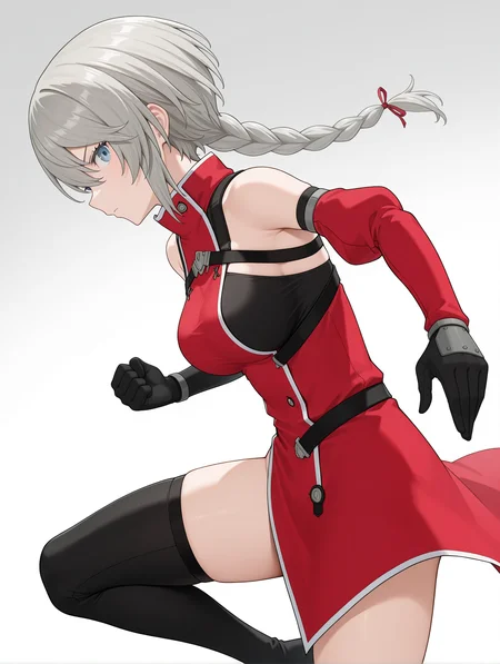 masterpiece,best quality,newest,
1girl,solo,
<lora:ADELAIDE_BLUTHAUSEN_ilxl_v1.0:1>,a_bluthausen,grey hair,blue eyes,braided ponytail,
s_garte,bare shoulders,detached sleeves,asymmetrical sleeves,asymmetrical clothes,single pantsleg,black thighhighs,black thigh boots,
<lora:Fixhands_anime_bdsqlsz_V1:1>,standing,open_stance,fighting_stance,fighting,white_background,simple_background,looking_at_viewer,profile,
