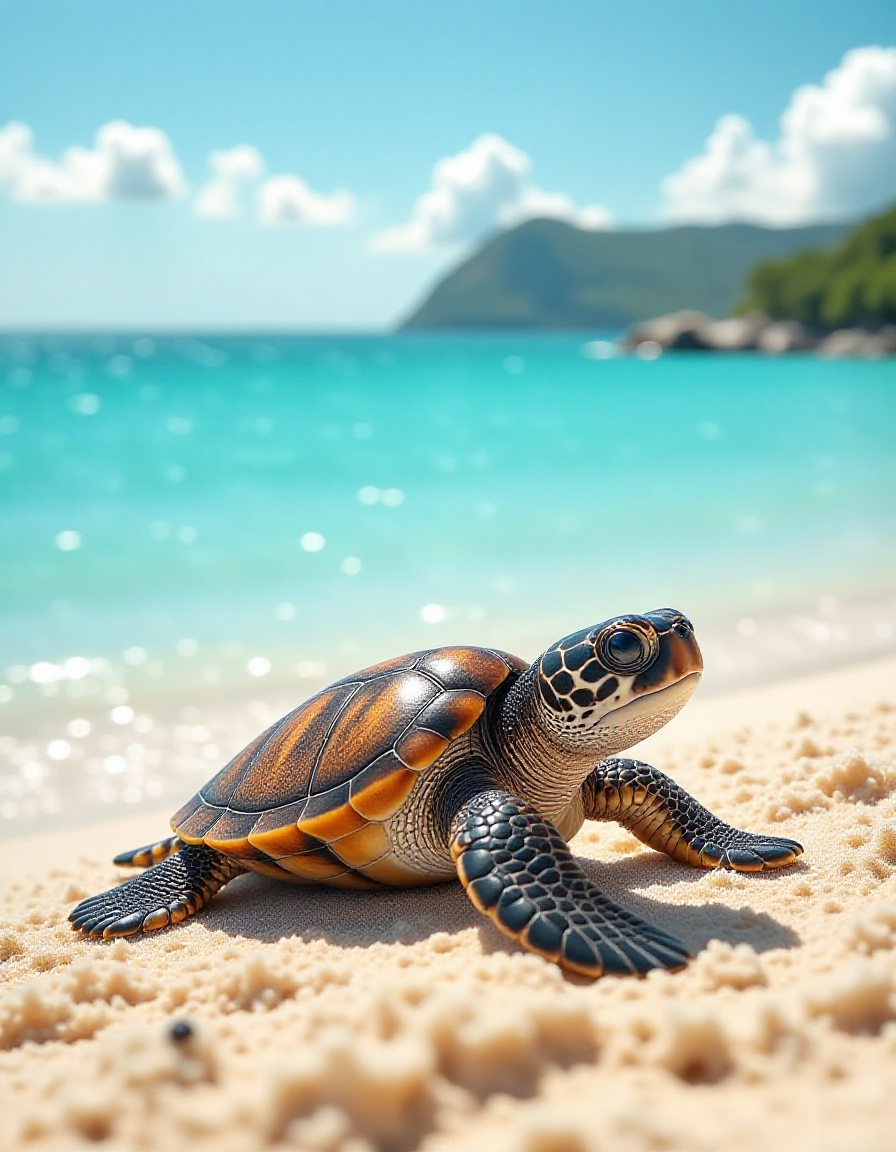 small zhibi turtle, laying on the beach, looking at the ocean, caribic crystal clear water <lora:zhibi_flux:1>