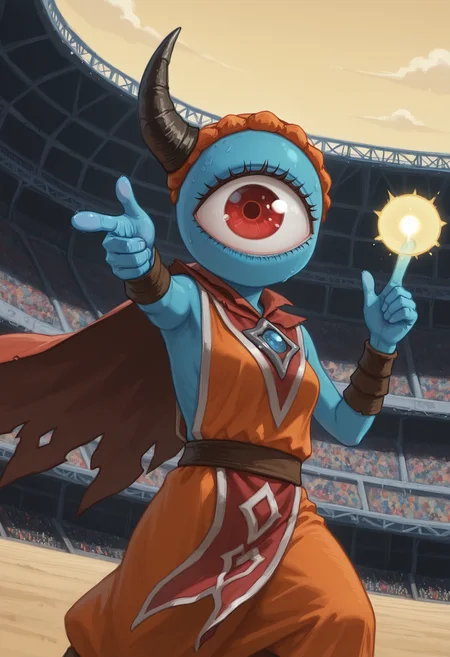 best quality, amazing quality, absurdres, newest, masterpiece, 1girl, ZndrspltMTG, Single Horn, solo, short, homunculus, headband, glowing fingertip index finger:1.3, cyclops, one-eyed, waistcloth, tabard, blue skin, arena, headband, wristbands, mouthless, pointing at viewer, cape, tabard, waistcloth, sky, fantasy theme, standing, finger gun, eyelashes, red eye <lora:Zndrsplt_Eye_of_Wisdom_Magic_the_Gathering:1>