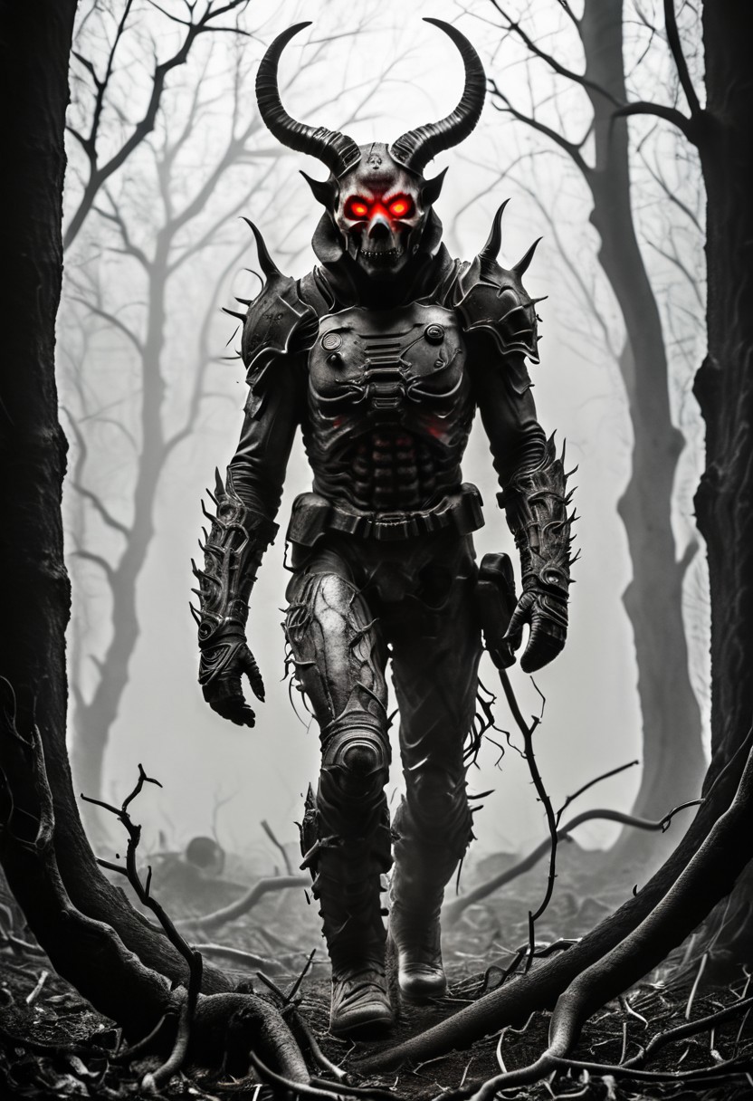 silhouette style, cinematic film still of the silhouette of an disembodied of a female demon,head, multiple eyes, horrific, with a megaphone instead of his head sitting on a branch at night, with glowing eyes, very detailed, haze lighting, backlit, 4k uhd masterpiece, blackmetal style, xerox, black and white, BadDream, UnrealisticDream, Doomguy, soviet poster, femalebonedemon