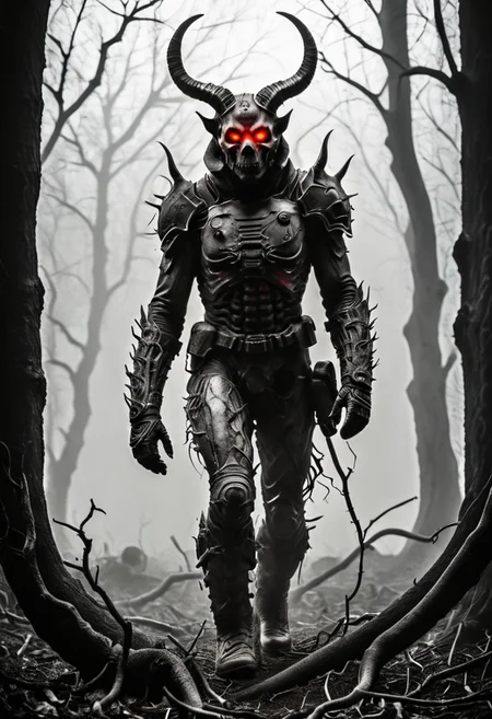 silhouette style, cinematic film still of the silhouette of an disembodied of a female demon,head, multiple eyes, horrific, with a megaphone instead of his head sitting on a branch at night, with glowing eyes, very detailed, haze lighting, backlit, 4k uhd masterpiece, blackmetal style, xerox, black and white, BadDream, UnrealisticDream, Doomguy, soviet poster, femalebonedemon
