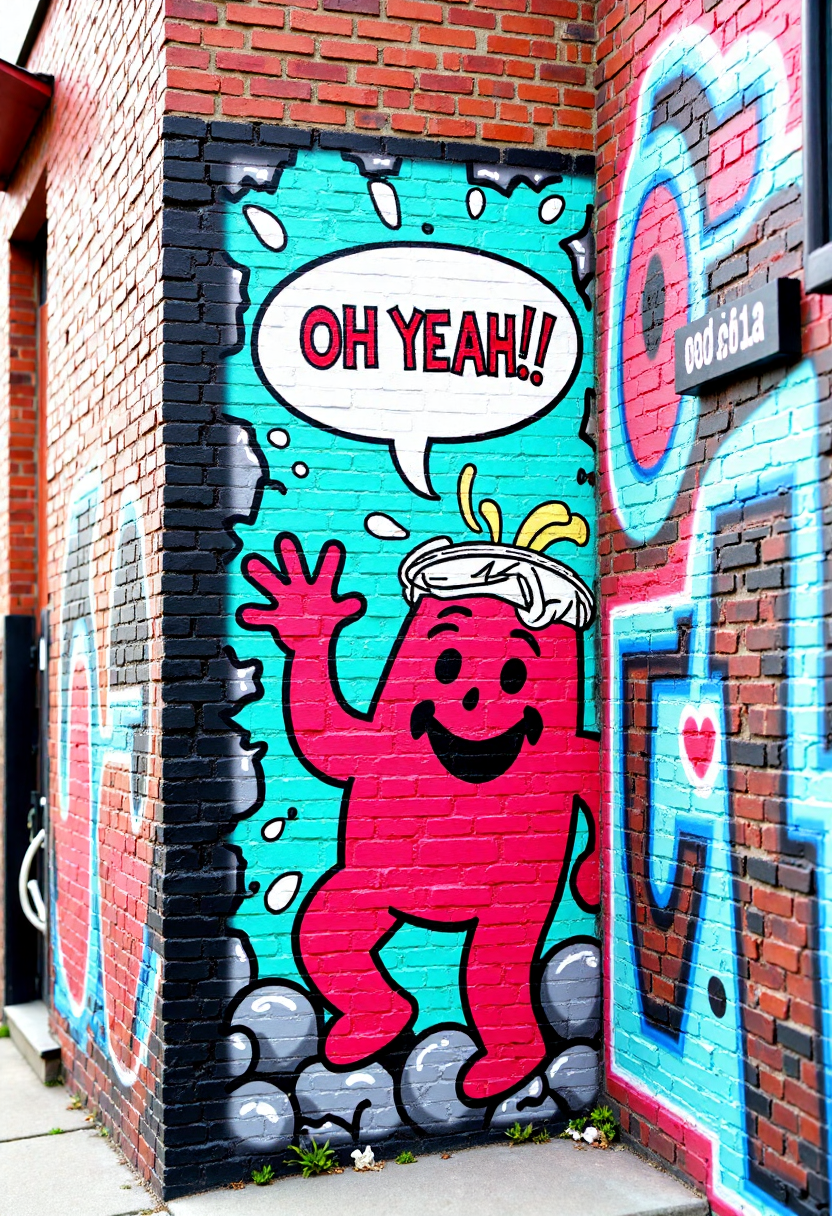 <lora:Brick_Wall_Graffiti_FLUX:1>
This is a vibrant, detailed photograph of a mural painted on a brick wall. The mural features a stylized, cartoonish depiction of  Kool-aid man breaking through a wall with the speech bubble: "OH YEAH!"