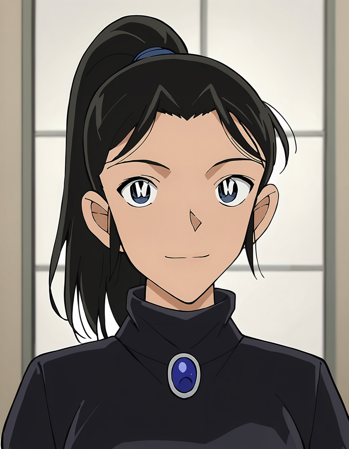 score_9, score_8_up, score_7_up, score_6_up, score_5_up, score_4_up, source_anime, <lora:NarumiAsai_T1V1:0.85>,
1boy, solo, male focus, anime screencap,
NarumiAsai_T1V1, otoko no ko, black hair, high ponytail, blue eyes, medium breasts, 
black shirt, turtleneck shirt, brooch, blue gemstone, long sleeves, 
looking at viewer, light smile, 
indoors,