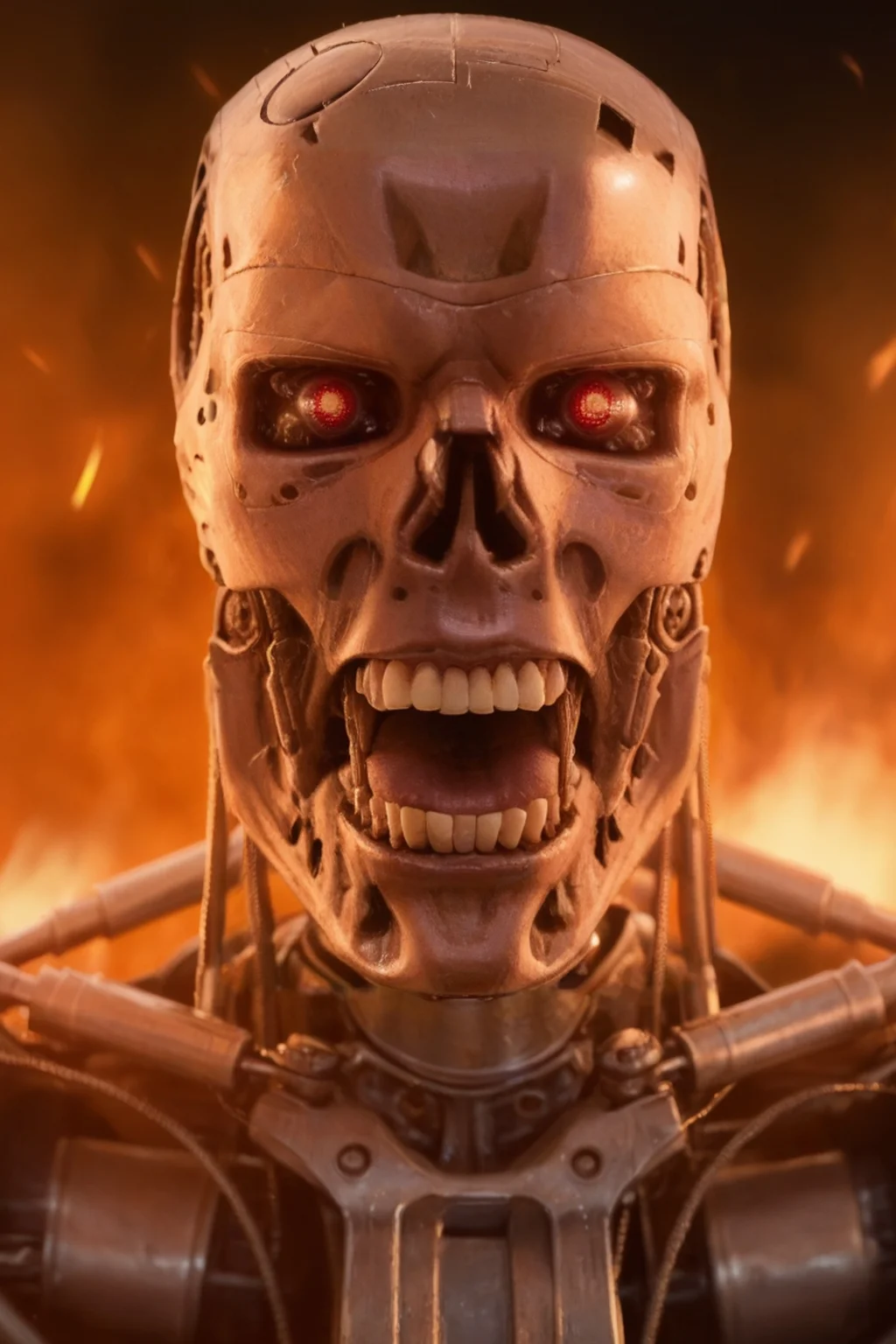T800_Endo, Terminator robot, score_9, score_8_up, score_7_up, (source_IRL, source_movie), cinematic, realistic, masterpiece, high quality, highres RAW photo, ((close-up shot, close-up head shot, front view))
a T800_Endo Terminator Robot with red eyes, he is made of metal, he is made of shiny chrome metal, new, clean, <lora:T800_Endo_Terminator_Pony_v1-000013:1>
(standing in flames, mouth open: 1.4, screaming: 1.4)
black background, in flames, fire, flames and fire everywhere, there is so much fire
dynamic lighting, highly detailed, intricate details