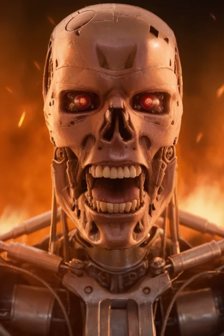 T800_Endo, Terminator robot, score_9, score_8_up, score_7_up, (source_IRL, source_movie), cinematic, realistic, masterpiece, high quality, highres RAW photo, ((close-up shot, close-up head shot, front view))
a T800_Endo Terminator Robot with red eyes, he is made of metal, he is made of shiny chrome metal, new, clean, <lora:T800_Endo_Terminator_Pony_v1-000013:1>
(standing in flames, mouth open: 1.4, screaming: 1.4)
black background, in flames, fire, flames and fire everywhere, there is so much fire
dynamic lighting, highly detailed, intricate details