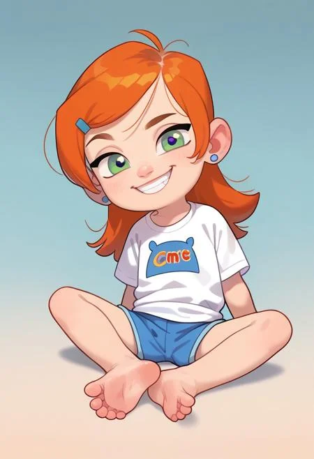 (score_9,score_8_up,score_7_up), cute anime girl, big cute eyes, masterpiece, best quality, amazing quality, absurdres, newest, gradient background, Andystyle, mollymcgee, chibi, calm smug, smiling, grin,
1 chibi girl, solo, skinny body, long perfect hair, flat chest, looking at viewer, shirt, shorts, soles, feet, sitting, Gwendolyn_Tennyson, perfect feet
