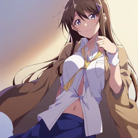 score_9, score_8_up, score_7_up, source_anime, BREAK, tsuyuri_toka, 1girl, looking at viewer, gradient background, light smile, navel, white shirt, skirt <lora:tsuyuri_toka-ponyXL-v0.5:1>