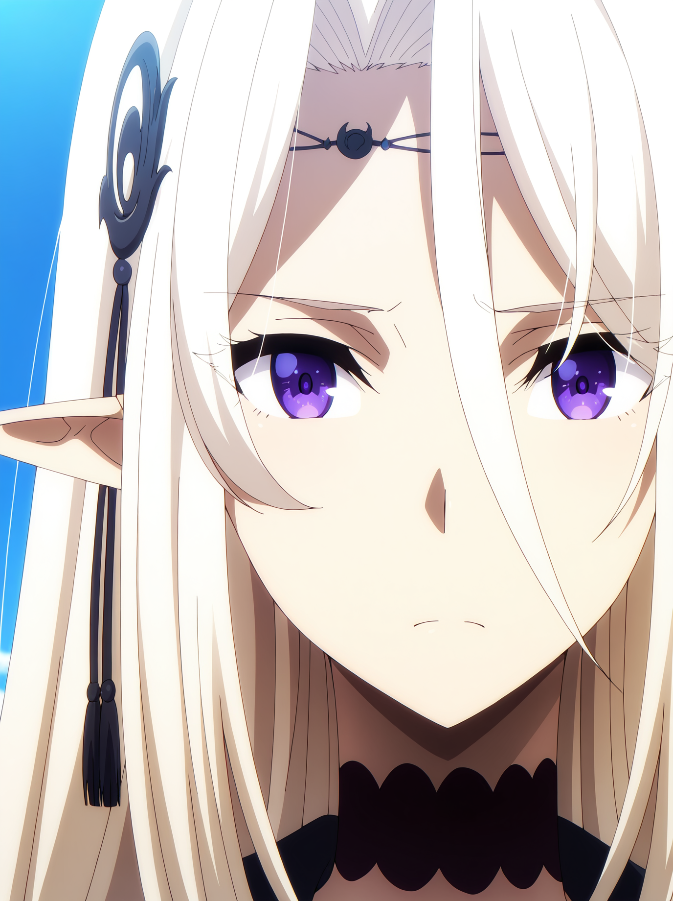 <lora:Beatrix:0.8>, beatrix, 1girl, solo, purple eyes, very long white hair, pointy ears, crescent hair ornament, black choker, closed mouth, serious, worried, portrait, looking at viewer, blue sky, very high contrast, sunny, outdoors, day