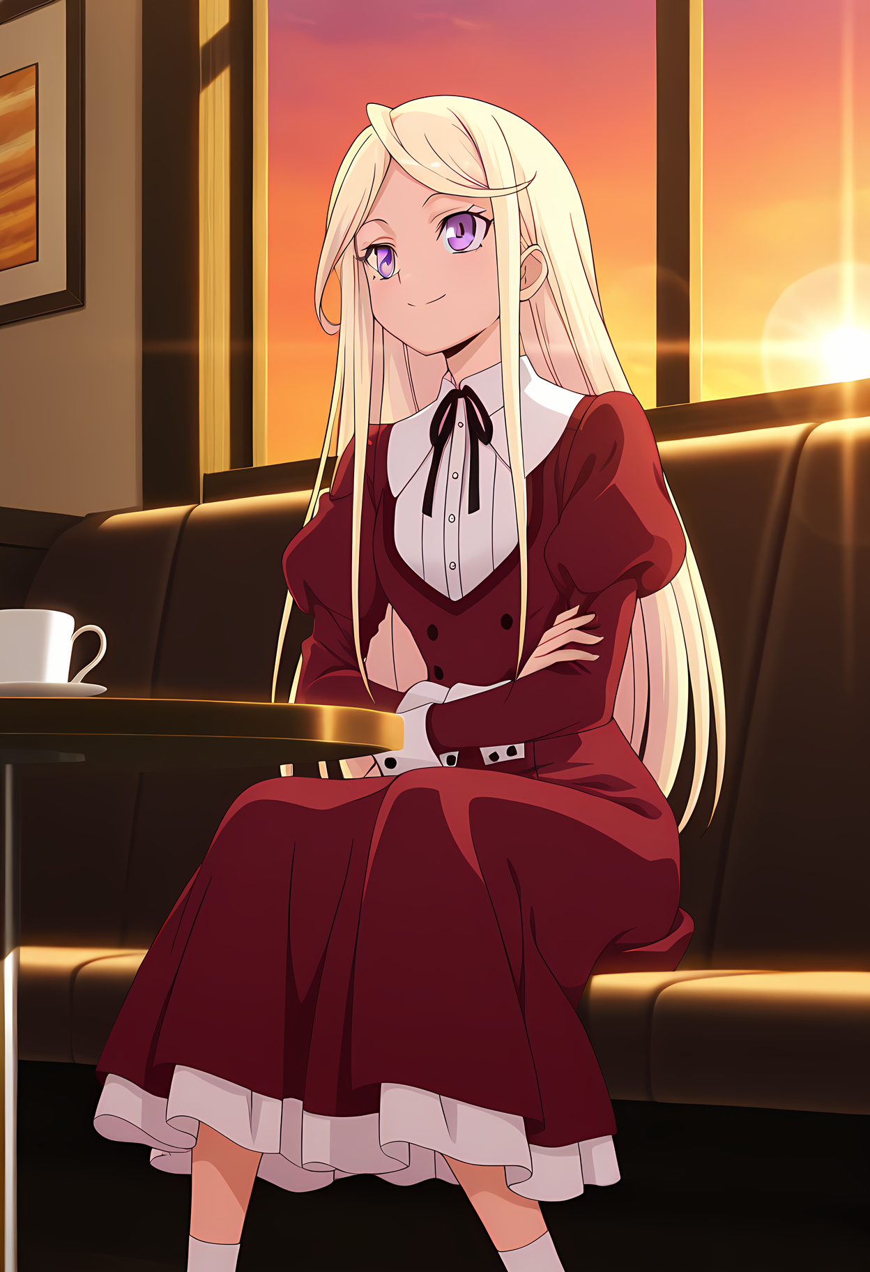 masterpiece,best quality,amazing quality,

1girl, solo,

Senka Kanae (Cardfight Vanguard), blonde hair, long hair, purple eyes, red dress, neck ribbon, black ribbon, buttons, long sleeves, juliet sleeves, puffy sleeves, white socks, 

Smile, crossing arms, 

cinematic,

Sit, sitting, cafe, afternoon, sunset, 

Lens flare, bloom,

Official style, anime screencap, anime coloring,
















