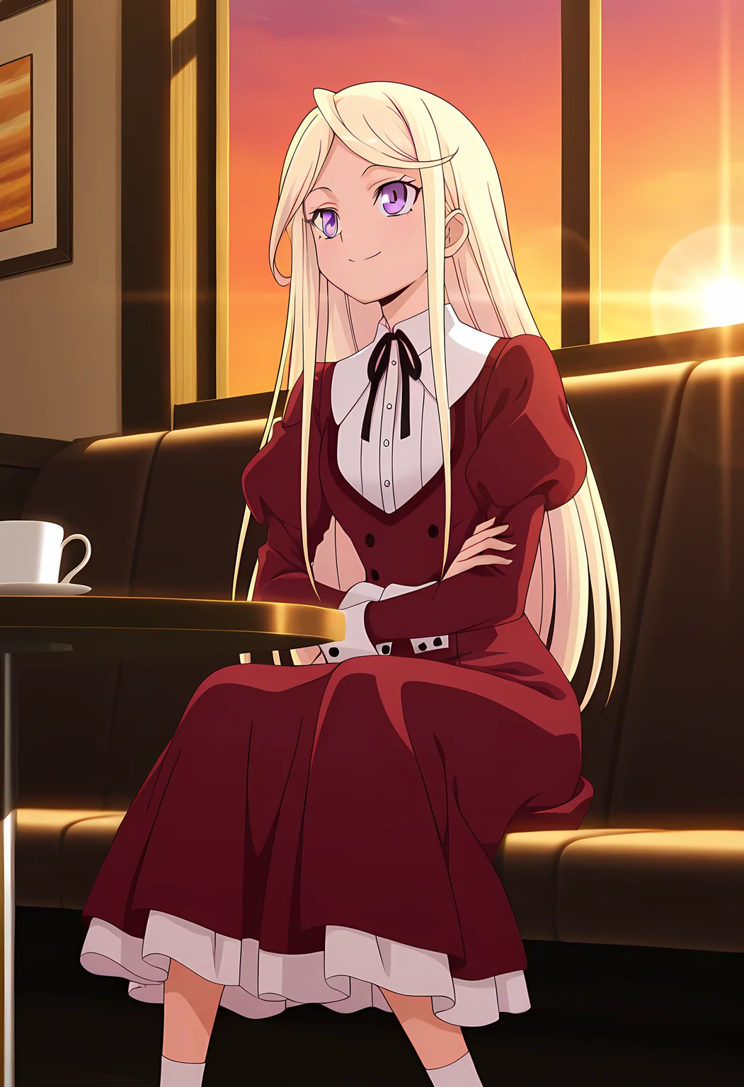 masterpiece,best quality,amazing quality,
1girl, solo,
Senka Kanae (Cardfight Vanguard), blonde hair, long hair, purple eyes, red dress, neck ribbon, black ribbon, buttons, long sleeves, juliet sleeves, puffy sleeves, white socks,
Smile, crossing arms,
cinematic,
Sit, sitting, cafe, afternoon, sunset,
Lens flare, bloom,
Official style, anime screencap, anime coloring,