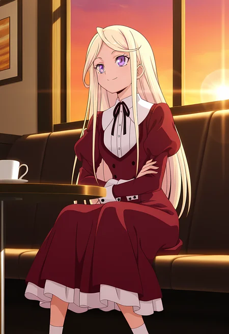 masterpiece,best quality,amazing quality,
1girl, solo,
Senka Kanae (Cardfight Vanguard), blonde hair, long hair, purple eyes, red dress, neck ribbon, black ribbon, buttons, long sleeves, juliet sleeves, puffy sleeves, white socks,
Smile, crossing arms,
cinematic,
Sit, sitting, cafe, afternoon, sunset,
Lens flare, bloom,
Official style, anime screencap, anime coloring,
