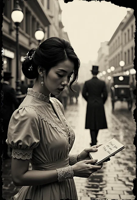 A breathtaking Asian woman, captured in the grainy texture of an old, faded black-and-white photograph, stands beneath the dim glow of gas lamps on a rain-slicked cobblestone street in early 1900s Tokyo. Dressed in an elegant, high-collared Victorian-style gown with delicate lace detailing and puffed sleeves, she clutches a small, folded letter in her gloved hands. Her dark hair is styled in a soft Gibson Girl updo, a few loose strands escaping to frame her downcast face, her expression hesitant yet tender. The cracked edges and speckled imperfections of the aged photograph add to the timelessness of the moment, as if it were rediscovered from a forgotten memory. Behind her, the blurred outlines of horse-drawn carriages and distant figures in bowler hats move through the misty streets, their forms dissolving into the fading light. The faint, worn handwriting visible on the delicate parchment in her hands reads simply:
"For you."