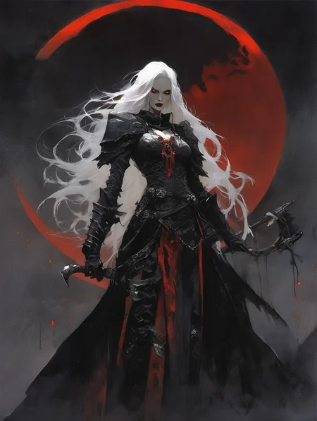 a gorgeous female human necromancer, long silver hair, scythe , bone armor, glowing red eyes,
fantasy, dark room, dim light , blood moon, high contrast, best shadow, cinematic lighting
art by Gerard Brom, Alex Maleev
(best quality, masterpiece, )