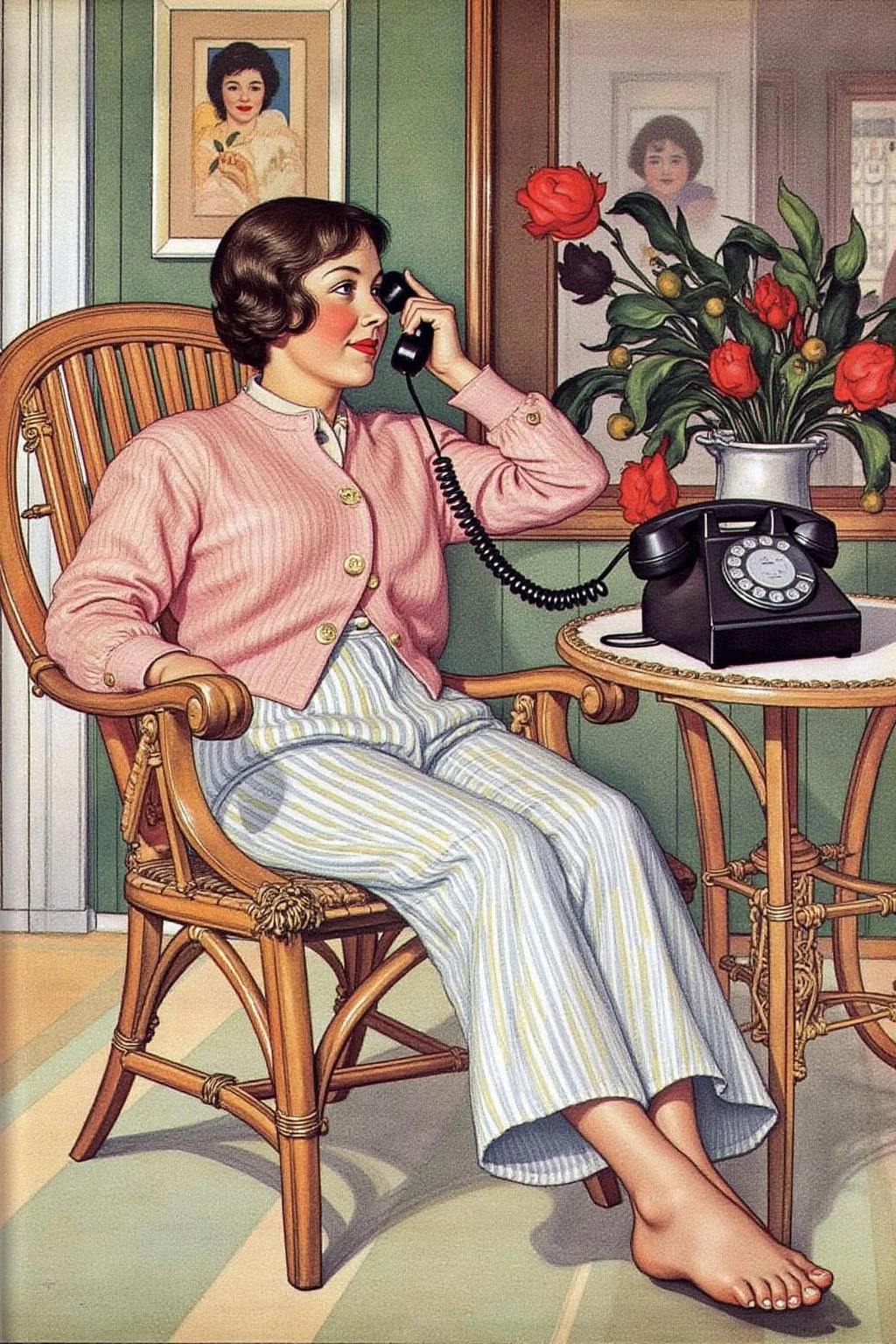 car1ar painting.
A woman lounging in a wicker chair with a retro, slightly stylized look. She is positioned in a relaxed pose, leaning back with her right arm draped over the back of the chair and her left hand holding a vintage black rotary telephone to her ear. She has short, dark hair styled in a classic 1950s bob and is looking slightly to her right with a thoughtful expression.
She is dressed in a soft pink, long-sleeved cardigan with a subtle texture, paired with white, vertically striped trousers. The stripes on her pants have a slight sheen, indicating a polished fabric.
<lora:car1ar1_cap_d6a3:1.0><lora:825499620881802716:0>