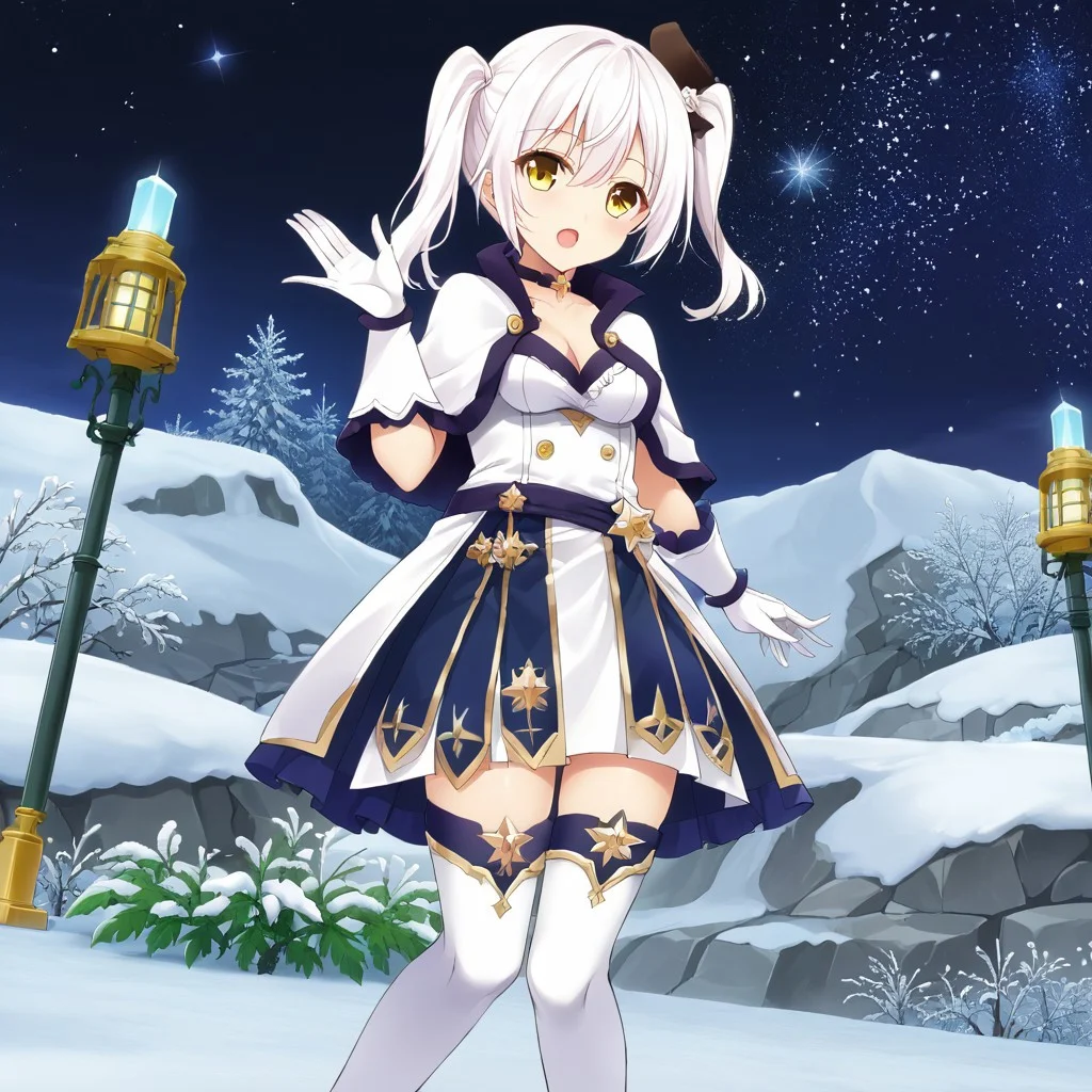 Best quality, ultra HD, masterpiece, long white hair,one side up, round medium breast, cleavege,full body shot girl,choker,yellow eyes, night sky, open mouth, snow, capelet, white gloves, star (sky), thighhighs, twintails