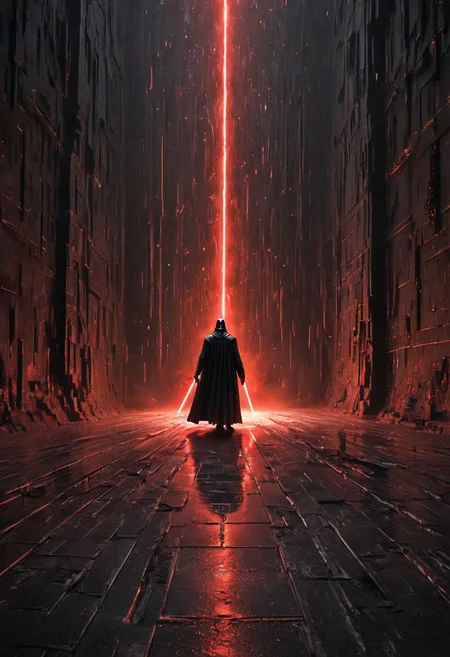 a matrix abyss by H.P. Lovecraft, a long floor into eternity, black reflecting tiles, dimmed lightning, vintage sci-fi led panels, electrical panels, StarWars Darth Vader in the end of the floor Walking with Red lightsaber to viewer, lightsaber Cut the Wall, Spray sparks