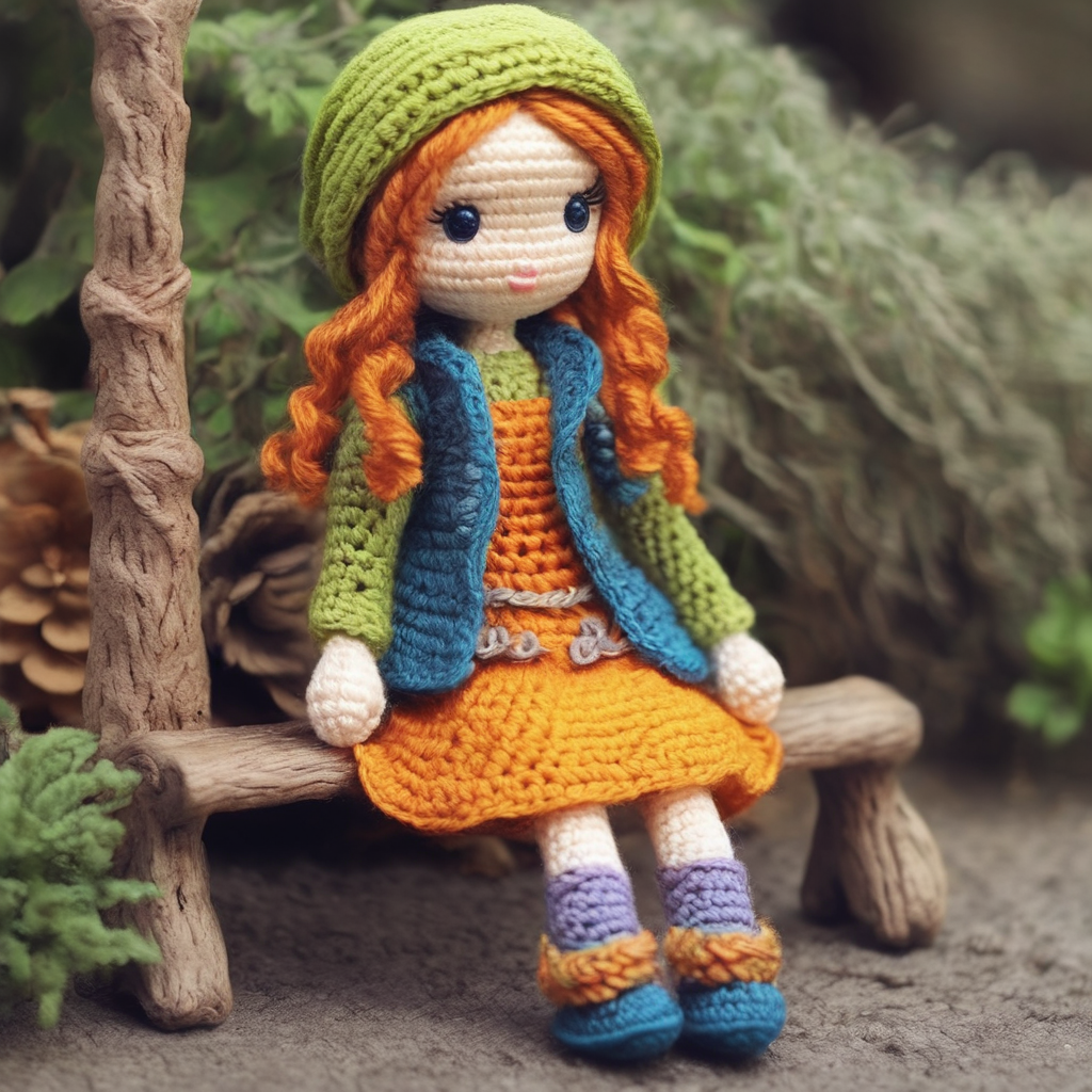 crochet figures,1 girl,(solo:1.4),sit on bench,in a scene of pure kindness,colors blend and greet,<lora:knittingXL:1>