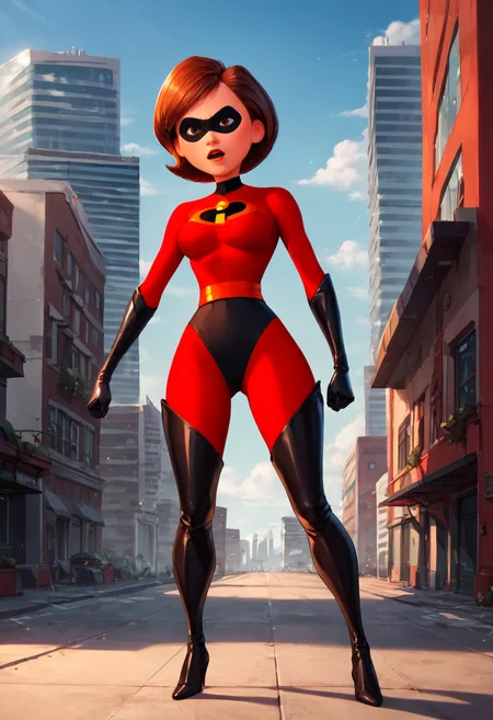 masterpiece,best quality, highly detailed, score_9, score_8_up, score_7_up, score_6_up,source anime,<lora:xl_more_art-full_v1:0.8>,
BREAK
<lora:helenXL:0.8>helen, 1girl, brown hair, superhero, mask, solo,red bodysuit, gloves, short hair, domino mask, thighhighs, thigh boots, breasts, full body, boots, open mouth, building, black gloves, elbow gloves, medium breasts, outdoors