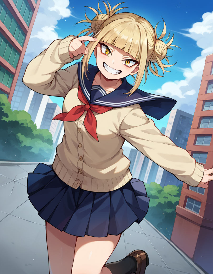 score_9, score_8_up, score_7_up, source_anime,
himikotoga, <lora:himiko-toga-ponyxl-lora-nochekaiser:1>,
himiko toga, bangs, blonde hair, yellow eyes, blunt bangs, hair bun, double bun, messy hair, smile, grin,
skirt, long sleeves, school uniform, pleated skirt, shoes, serafuku, socks, sailor collar, blue skirt, neckerchief, kneehighs, brown footwear, cardigan, black socks, loafers, red neckerchief, yellow cardigan,
outdoors, cityscape,
looking at viewer, cowboy shot, dutch angle, dynamic pose,