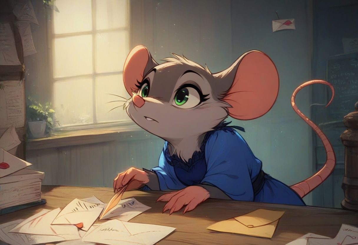 score_9, score_8_up, score_8, solo, (fluffy:0.8), (feral), indoors, furry, (((mouse))), female, green eyes, (gray fur:1.2), claws, (fluffy cheeks:0.7), (blue dress), (solo:2), sitting behind counter, bored expression, (writing a letter, quill pen), upper body shot, cute, j_cartoon