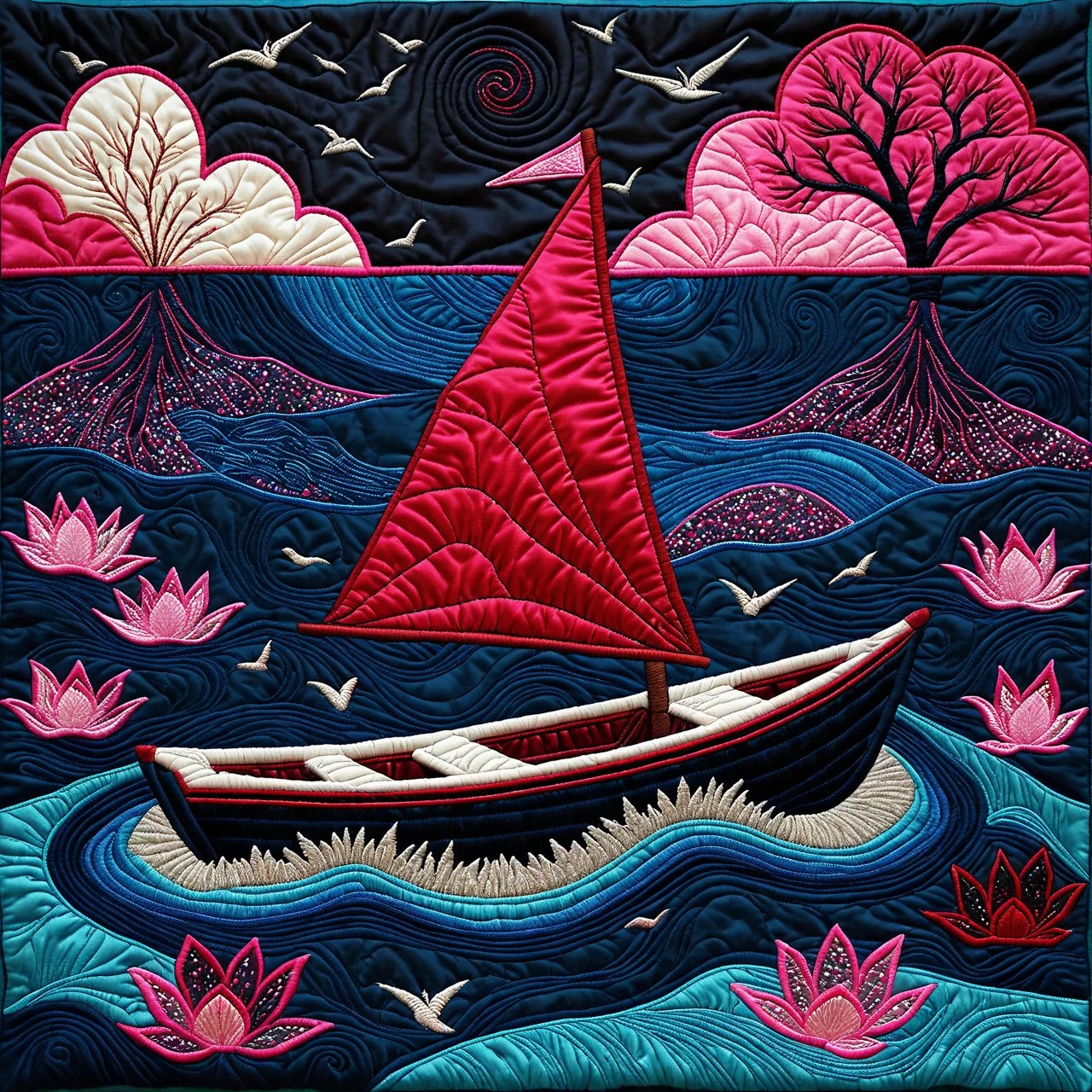 cs-qu1lt-1, white-toned small red sailing dinghy in a blue pond, futuristic, intricate black and pink ebru, impossible, billowing dark glitter, very detailed, <lora:SDXL_Black_Sa_May:0.75>