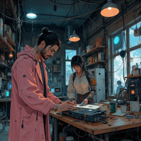 In the style of ck-sfc. Close up on the pair.
In the center of a bustling cyberpunk district, SchizoNomad is upgrading his cyberdeck in a cramped, cluttered computer shop. The shop is tightly packed with wires, blinking lights, and shelves filled with various tech components, screens flickering with digital chaos. SchizoNomad, a good-looking korean man, 24 years old, with a thin mustache and beard, is hunched over a workbench, his hands deftly assembling his sleek cyberdeck. He got his hair in a bun. His long pink coat is slightly disheveled, adding a splash of color against the dim, neon-lit backdrop of the shop.
Beside him, (((a woman cyborg, - stands with a warm, welcoming smile:1))) Her mechanical limbs are covered in aging plates, worn yet functional, and her human. She's handling a small circuit board, helping with the upgrade process in a relaxed, manner.
The atmosphere is lighthearted and fun. The workshop is mess, cluttered, scattered, various electronics and tech objects. Cables hang overhead, some running across the walls, others coiling like snakes on the floor, while the shop is filled with the hum of computers and distant voices from the cyberpunk district outside. Neon light filters through the windows, casting colorful reflections on the worn wooden surfaces of the workbench. The scene feels like a moment of calm in a world full of tension