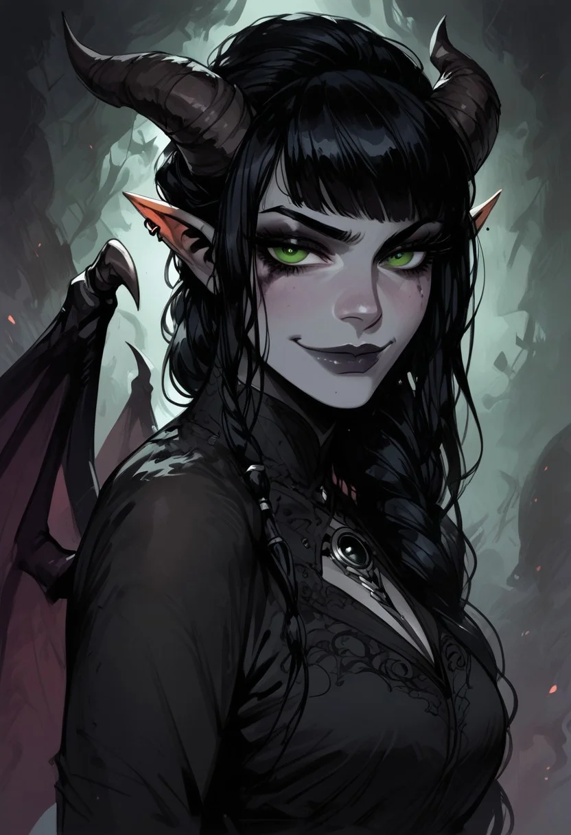 score_9, score_8_up, score_7_up, BREAK, 1woman portrait, beautiful, dramatic lights ((Succubus, Demon Girl, Succub, horns, seductive, seductive look, goth, goth girl, goth makeup, green eyes, wings, bat wings grey skin, grey colored skin, black hair, long braided ponytail, bangs, side bangs, happy, smug))
<lora:Fant5yP0ny:0.6> <lora:fantasy_world_pony:0.9>
<lora:Cherry-Gig:0.55>