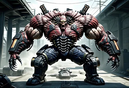 a cybermutant fleshmutant abomination with tank treads as legs and gatling guns as arms,realistic,game cg,scene from resident evil