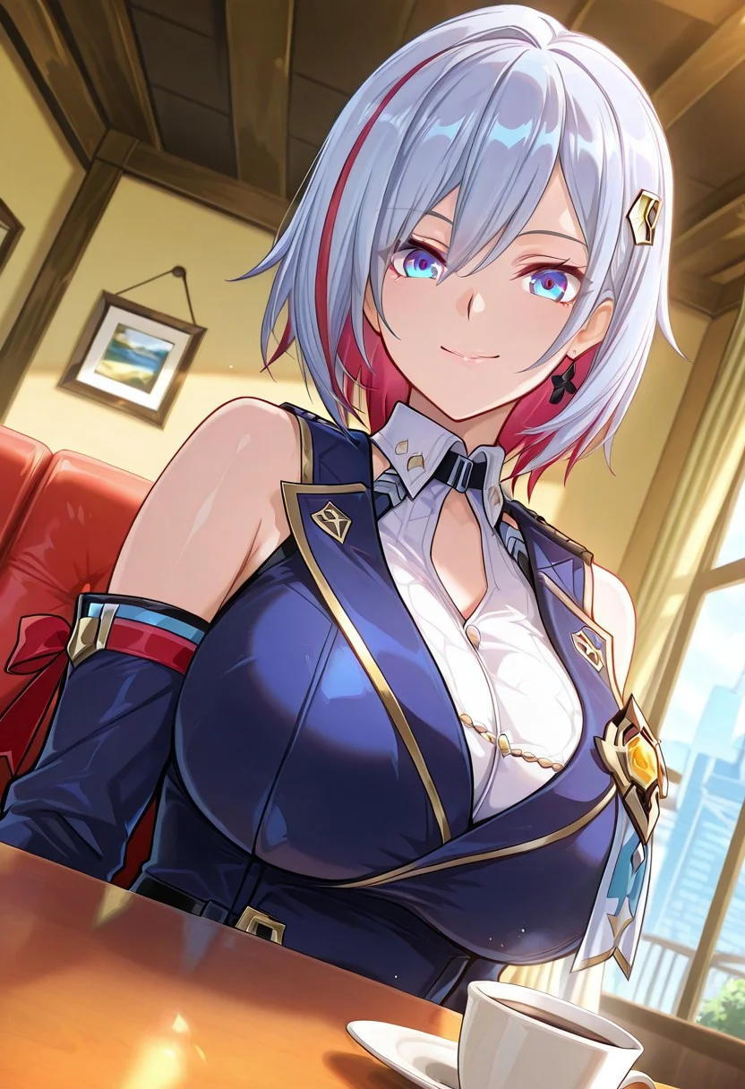 Best quality,masterpiece,soft light,official art,high quality,highres,absurdres,epic scene,natural textures,easynegative, Erotic_style, anime_coloring, anime_screencap,
1gorl,solo,cinematic angle, dynamic angle, smile,
indoors, cafe,coffee, sitting, looking at viewer, smile,
Toparz,silver hair, multicolored hair ,short_hair, blue_eyes, huge_breasts, hair_ornament,impossible clothes,