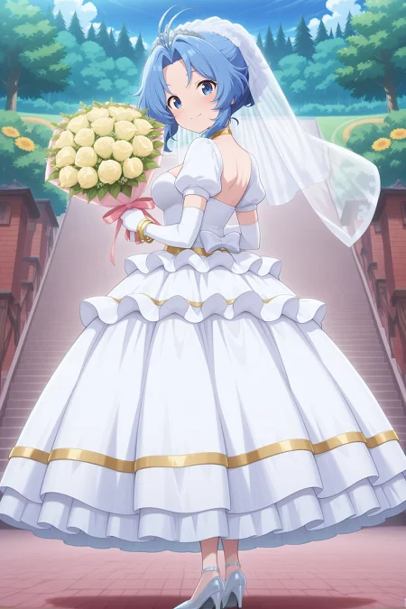 absurdres, highres, masterpiece, best quality, amazing quality, official anime artwork, screencap, anime screencap, outdoors, looking at viewer, 
 <lora:Ichirin-Kumoi_Illustrious:1> kumoi ichirin, 1girl, solo, blue eyes, blue hair, short hair, antenna hair,, alternate costume, bridal veil, silver tiara, gold choker, cleavage, wedding dress, frilled dress, white dress, puffy short sleeves, white gloves, elbow gloves, high heels, holding bouquet, bracelet, gold trims,