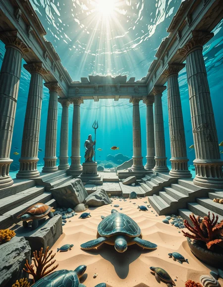An ancient underwater Temple of Poseidon, partially buried in sand and coral at the bottom of the Aegean Sea. Massive marble columns, some broken, others still standing, encrusted with seashells and marine life. Soft sunlight filtering through the ocean surface above, casting shimmering rays over the temple ruins. Colorful fish and sea turtles swimming peacefully around. The atmosphere is mystical and serene, with a bluish-green hue dominating the scene. A statue of Poseidon with a trident stands at the center of the temple, covered in algae and marine growth. Realistic style, high detail, cinematic lighting, wide-angle view.
<lora:SDXLFaeTastic2400:0.4> <lora:extremely_detailed:0.4> extremely detailed,underwater Temple of P0s31d0n, <lora:underwater_Temple_of_P0s31d0n-i:1>, Masterpiece,best quality,hi res,8k,hi res,8k,award winning,(sharp focus, intricate, highly detailed),