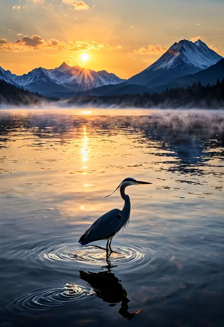 Sunrise gradually illuminating a tranquil mountain lake, dense fog obscuring the mountain peaks, scarlet and gold sky reflected in the still water, lone silhouette of a heron in flight, subtle ripples in the foreground catching the first light, serene, ultra realistic, golden ratio.