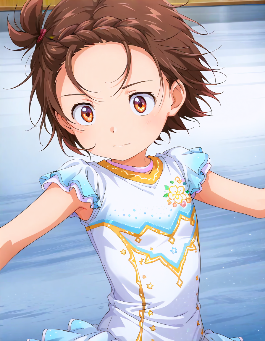 <lora:YuitsukaInori_illust_3:0.8> masterpiece, best quality, 1girl, solo, yuitsuka inori, anime screencap, upper body
one side up, braided bangs, skate costume, skating, dancing,