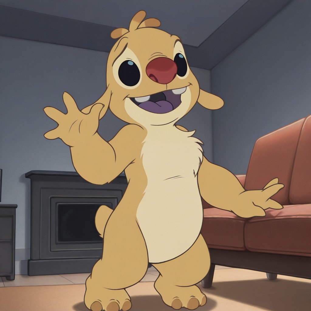masterpiece, best quality, amazing quality, official artstyle, r3ub3n, male, furry male, anthro, solo, yellow fur, two-tone fur, short hair, black eyes, red nose, buck teeth, purple tongue, small ears, small tail, 3 toes, paw pads, standing, smile, waving hi, indoors, living room