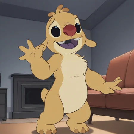 masterpiece, best quality, amazing quality, official artstyle, r3ub3n, male, furry male, anthro, solo, yellow fur, two-tone fur, short hair, black eyes, red nose, buck teeth, purple tongue, small ears, small tail, 3 toes, paw pads, standing, smile, waving hi, indoors, living room