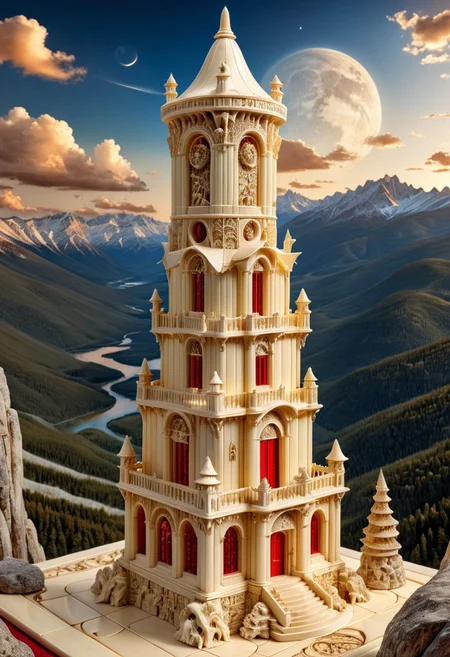 masterpiece, best quality, golden ratio, ancient magic ivory tower made out of ivory with mystical symbols,  rocky mountains, cinematic lighting, fantasy realism, red down, evening, ray tracing