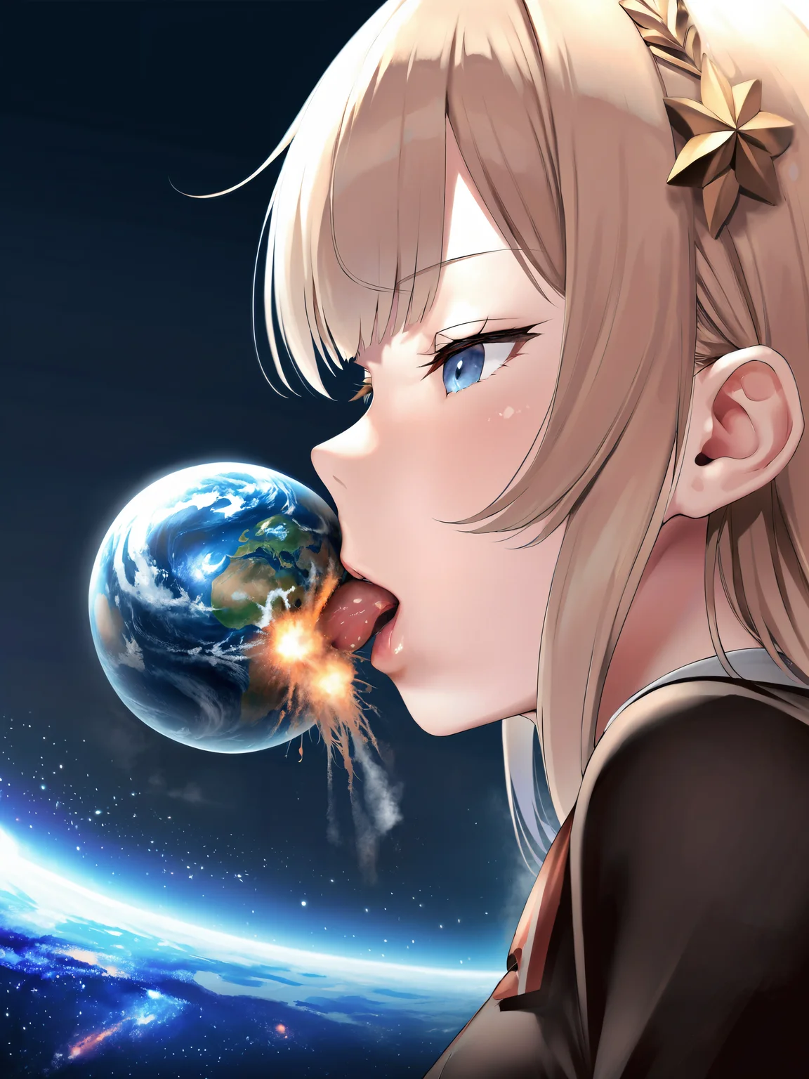 masterpiece, best quality, highest quality, highres, absurdres, extremely detailed, extremely delicate and beautiful, anime,
a girl licking earth \(planet\) with tongue causing explosion and destruction, jvdaniang, planet size, 1girl, giantess, solo, black background, upper body, saliva, steam from mouth, from side, holding earth \(planet\), explosion on earth \(planet\), tongue out, outer space, floating, blonde hair, looking down, short hair, medium breasts, <lora:jvdaniangXL-beta:0.7>
