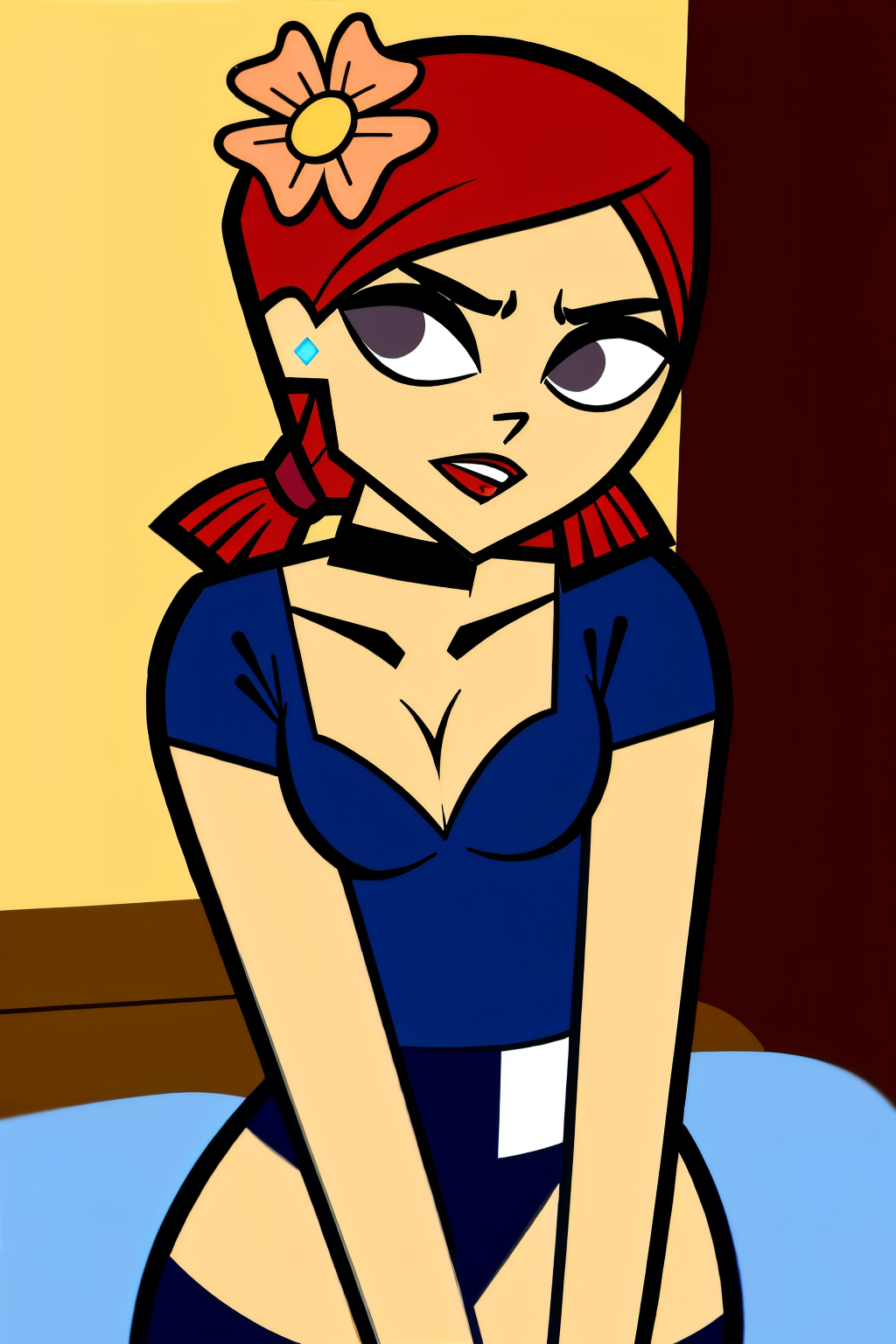 in the Bedroom, (Realistic:1.5) 1girl, solo, open mouth, cleavage, medium breasts, full body, red hair, hair flower, black choker, brown eyes, Denim shirt with a midi skirt <lora:EdobZoeyTotalDrama_v1.0:0.8>