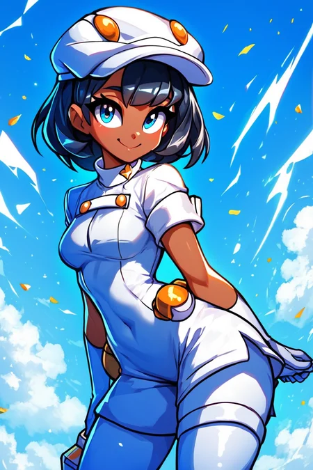 score_9, score_8_up, score_8, medium breasts, (curvy), cute, eyelashes, BREAK, , zzAether, dark skin, white cabbie hat, black hair, white uniform, white pantyhose, white gloves, <lora:Aether_Employee_Pokemon_PDXL_v1:0.8>, BREAK, embedding:zPDXL, Expressiveh, <lora:EnergyCAT:1.0>, solo, smile, looking at viewer, aura, blue sky, <lora:SDXLFaeTastic2400:0.5>, <lora:Expressive_H-000001:0.4>,