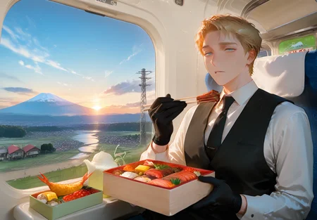 IllusP0s, PonyScores7, source_anime, ah1, IllustriousQual, interesting, exciting, spectacular, wonderful, amazing quality, absolutely eye-catching,
BREAK <lora:xl_more_art-full_v1:0.2>, <lora:aesthetic_anime_v1s:0.2>, <lora:EpicF4nta5yXL:0.2>, <lora:detailxl:0.2>, detailxl, <lora:Fant5yP0ny:0.2>, amazing quality, best aesthetic, absurdres, illustration, Volumetric_Lighting, ultra-detailed, very aesthetic, intricate details, best_quality, lazympos, <lora:Add_Details_v1.2:0.2>, <lora:quality_modifiers_masterpieces_v1:0.2>, <lora:ZootPonyAnime_V1_r2:0.2>, <lora:Bestifacator2:0.2>, anime style,
BREAK ((space pilot, with a rescue shuttle evacuating civilians from a war-torn planet brave and selfless)),
BREAK Stable_Yogis_PDXL_Positives, <lora:Complicated fantasy portrait - XL Pony V2.0:0.2>, <lora:HDA_Detailer:0.3>, ((reflection photography, mirror-like surfaces, symmetry, visual echoes, capturing dual realities, distorted perspectives, ethereal beauty, introspective imagery, mesmerizing patterns, reflecting mood and emotion, creating visual depth, playing with perception)),
BREAK (((<lora:Caesar_Roses_And_Champagne_:1>, Caesar, 1boy, toned, athletic, fit))), <lora:shinyskin2:0.2>, glistening skin, <lora:perfection style:0.2>, perfection style, perfection,
BREAK ((formal, necktie, white shirt, suit, black gloves, vest, black necktie)),
BREAK ((parted hair, side-parted hair, right swept hair, side-swept hair, (short hair:1.7), blonde)), <lora:hairdetailpxl:0.2>, hairdetailpxl,
BREAK ((angular face, sharp_featured face, handsome, charming, alluring)), blue eyes, expressive eyes, <lora:perfect-eyes:0.4>, perfecteyes, EyesHD, <lora:DetailedEyes_xl_bdsqlsz_V1:0.2>, <lora:Eyes_Lora_Pony_Perfect_eyes:0.2>, <lora:focusoneyes:0.2>, <lora:cinematic eye color style illustrious v1:0.2>, <lora:Eyes_High_Definition:0.2>, EyesHD,
BREAK ((confused)), <lora:Expressive_H:0.2>, Expressiveh, <lora:Emotional_Anime_Expressions_PonyXL_Concept:0.2>, emotional, <lora:Best_Facial_Expression_LoRA_PONY:0.2>, looking at viewer, <lora:Detailed expressive EXEV style -XL Pony V1.0:0.2>, FaceDetail,
BREAK (((<lora:ekiben:0.8>, ekiben, shinkansen, inside shinkansen, seat, table, window, train interior, scenery, outdoors, city, cityscape, building, house, reflection, day, sky, cloud, mountain, blue sky, landscape, grass, field, mountainous horizon, tree, river, train station, ground vehicle, forest, road, rice field, flooded rice field, sunset, evening, nature, sign, power lines, utility pole, car, street, town, mount fuji, factory, chimney, food, packages, box, bowl, plate, bento, lunch box lids, chopsticks, rice, vegetable, carrot, spring onion, beans, tamagoyaki, tempura, meat, sukiyaki, yakiniku, tonkatsu, pork cutlet, seaweed, seafood, crab, scallops, clams, shellfish, salmon roe, salmon, shrimp, conger eel, sea urchin, fruit, ocha, plastic teapot, beer, can))), <lora:Background Detailer - SDXL:0.2>, 4k, 8k, Ultra HD, Masterpiece, Best quality, Detailed background, <lora:Add_more_details_V2_XLpony:0.2> full_details, <lora:background-type1:0.2>, <lora:AddMicroDetails_Illustrious:0.2>, addmicrodetails, SmoothNoob_Quality,