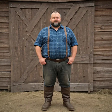 photo of a chubby, beefy swiss farmer standing in front of an old rusty dark swiss barn, wearing plaid lumberjack shirt with buttons open and dirty blue worker pants, hairy chest, dslr, ultra quality, sharp focus, tack sharp, crystal clear, 8K UHD