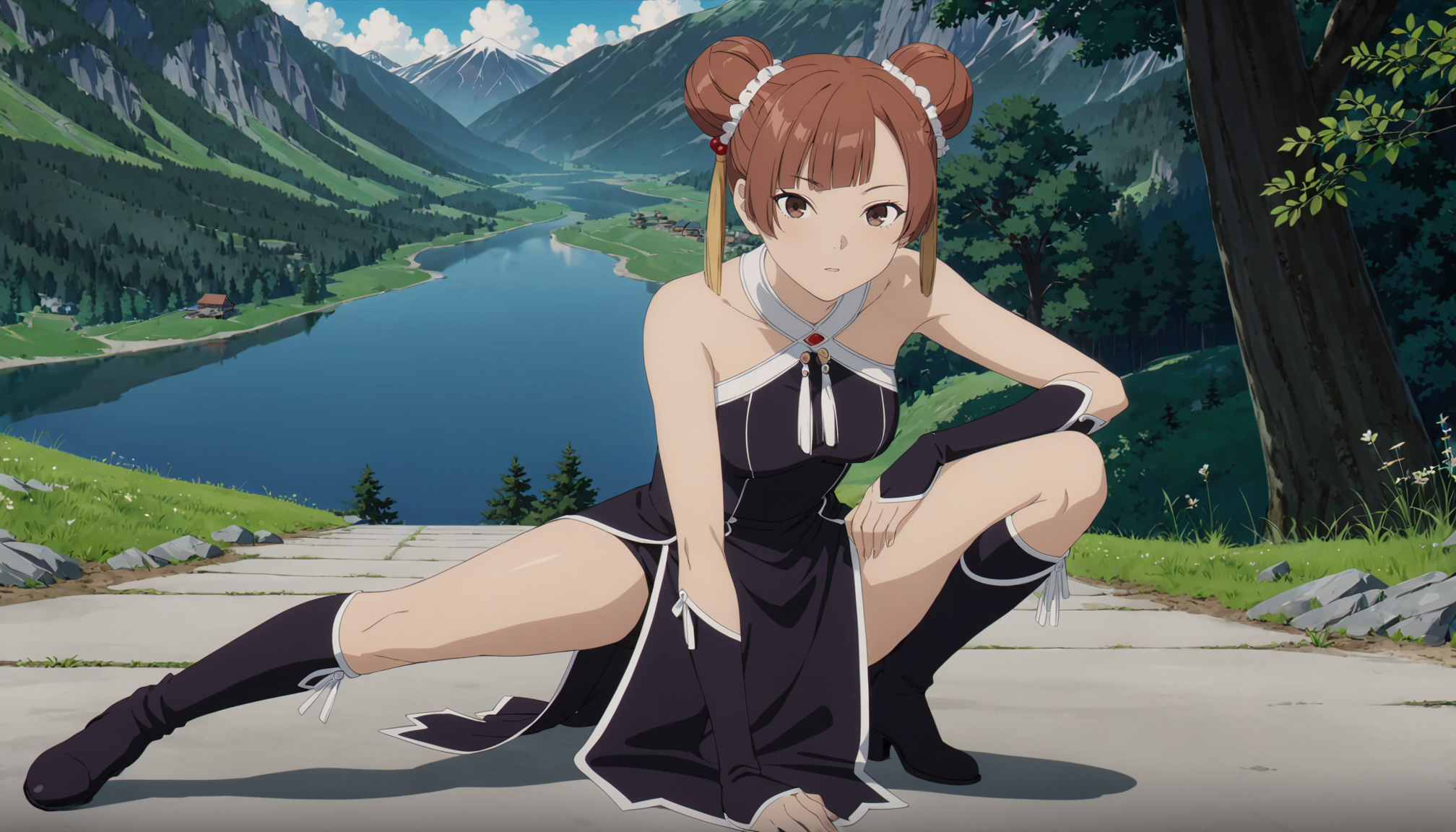 <lora:LaufenXL002>,<lora:outline_xl_kohaku_delta_spv5x:-0.8>,<lora:DetailedEyes_V3:1.6>,looking at viewer,
anime screencap,
Laufen,1girl,brown hair,double bun,brown eyes,hair_ornament,
black dress,bare shoulders,
gloves,
pelvic curtain,
boots,
nature,full body,squatting,extend one leg,