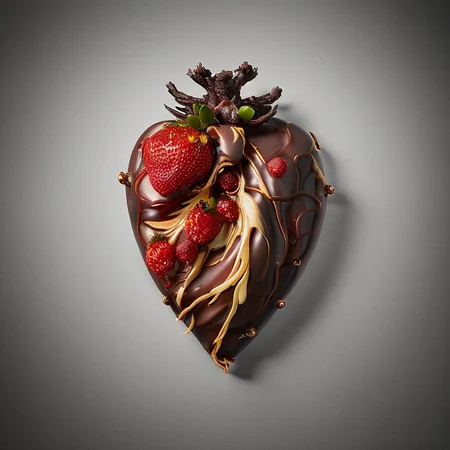heartart,realistic chocolate heart made out of chocolate, strawberries, photohelper, render, cgi, 3d, extremely detailed,colored backdrop