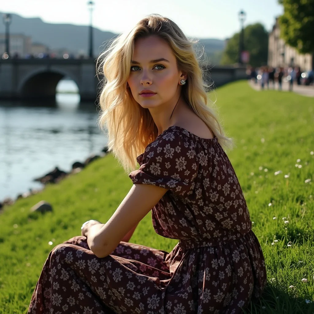 A young woman sitting on a grassy riverside, her posture elegant and poised, wearing a flowing, dark brown floral dress with delicate patterns. Her wavy, golden blonde hair cascades over one shoulder, and her intense, captivating gaze is directed at the viewer. The setting features a vibrant green grassy field with a calm river flowing in the background, crossed by a stone bridge. The scene captures the soft, natural lighting of a serene outdoor environment, with subtle details of distant hills and urban buildings in the background. Photorealistic style, with high detail and vivid colors.