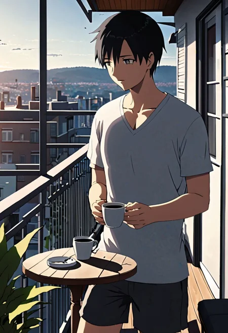 Highres, Masterpiece, High Quality, 4K, 8K, solo, 1Boy, Takaki Toono, adult, black hair, short hair, home balcony, city view, small table, balcony chair, houseplants, fresh air, morning, breeze, soft sunlight, calm, peaceful, holding a cigarette, cup of coffee, v-neck t-shirt, shorts, relaxing, enjoying moment, ashtray, coffee cup, easynegative, detailed_eye_model