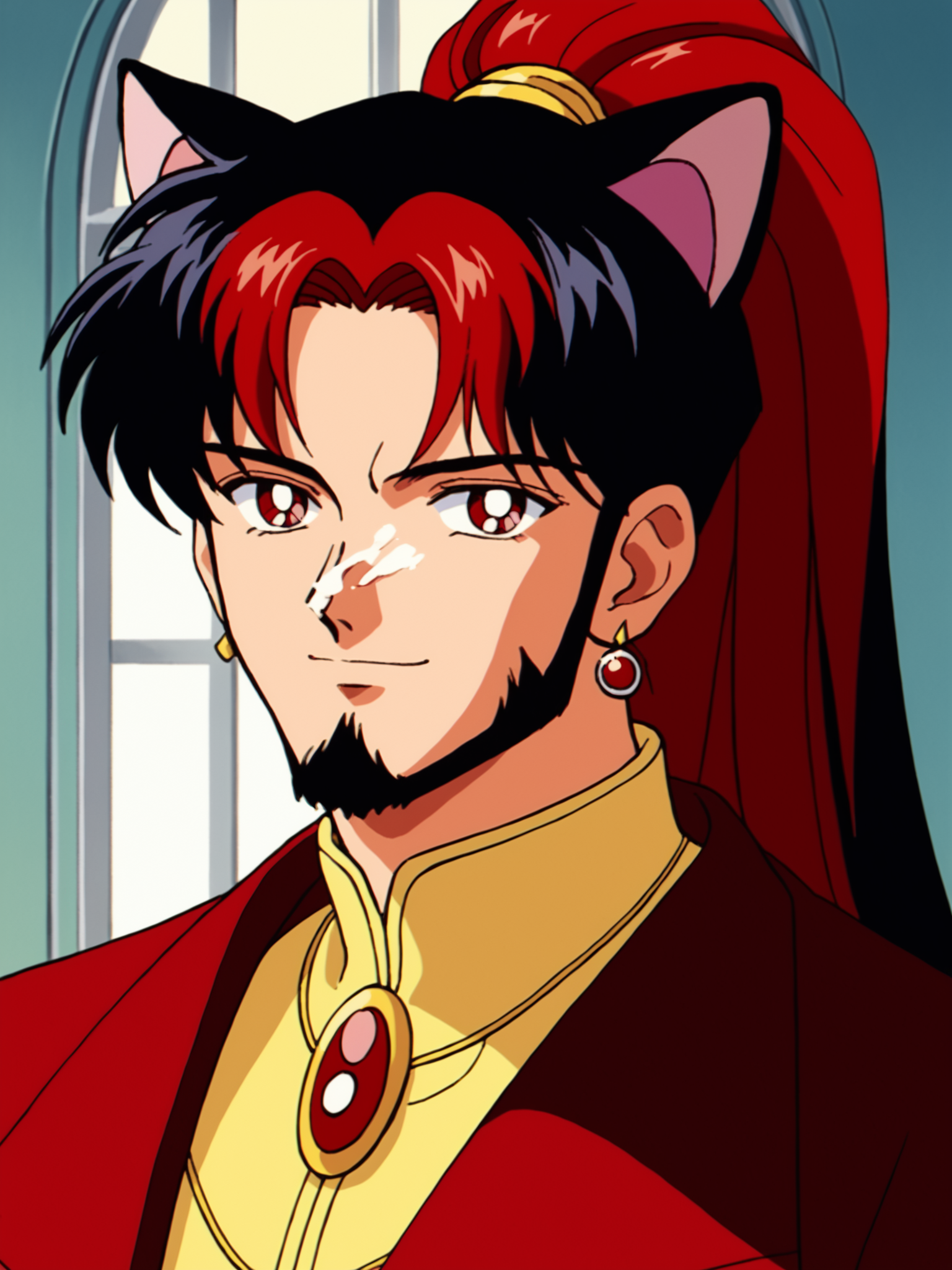 1990s (style), anime coloring, sm90s, 1boy, facial hair, male focus, animal ears, solo, red eyes, long hair, jewelry, earrings, red hair, beard, ponytail, upper body, looking at viewer, smile, goatee, osenayan, black hair, multicolored hair, indoors, retro art style, retro anime, BREAK PonyXLV6_Scores , <lora:SM90sPDXL_r1:0.8>