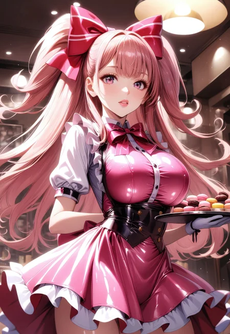 safe_pos, masterpiece, best quality, high quality, intricate, 1girl, solo, beautiful young woman, kawaii, cute, lolitafashion, waitress, long hair, wearing glossy multilayered waitress dress, glossy apron with bows, chest bow, giant waist bow, huge hair bow, glossy gloves, lace, glossy frills, glossy bows, ruffles, oily skin, smooth skin, shiny skin, skintight clothing, body outline, detailed eyes, bright eyes, body silhouette,
symmetric face, perfect face, glossy lips, cute makeup, holding serving tray with sweets,
idol cafe, cosplay cafe, tables and chairs, intricate cafe background,
(glossy latex clothing, glittering latex fabric),
highly detailed, majestic, shallow depth of field, movie still, hard light, circular polarizer, colorful, moody, wallpaper, realistic