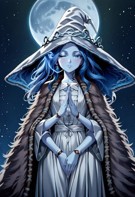 masterpiece, best quality, newest, absurdres, highres, anime, anime style, vintage anime, 90s anime, Dramatic-Moonlight-IL-V1.0, Dramatic light, Moonlight, moon 1girl, ranni_the_witch, extra arms, blue skin, 4 arms,